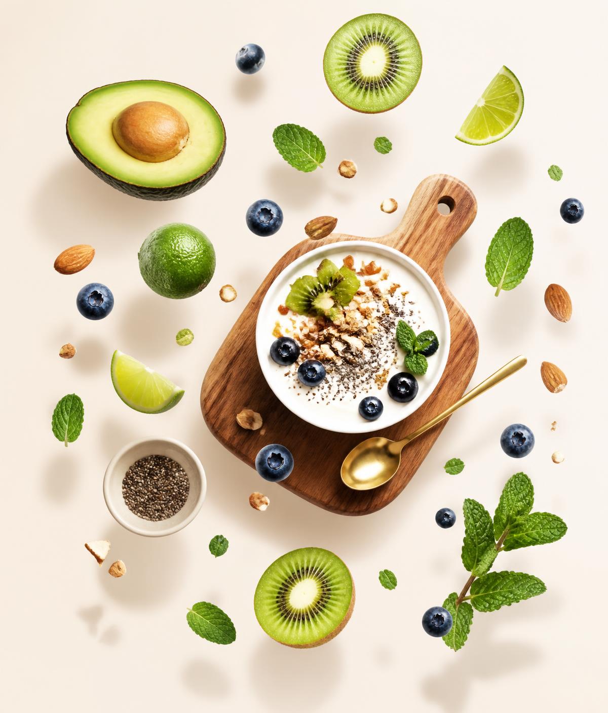 Bol de yaourt grec, granola et fruits frais